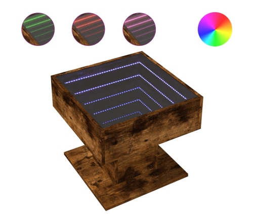 Mesa de centro y LED madera ingeniería roble ahumado 50x50x45cm