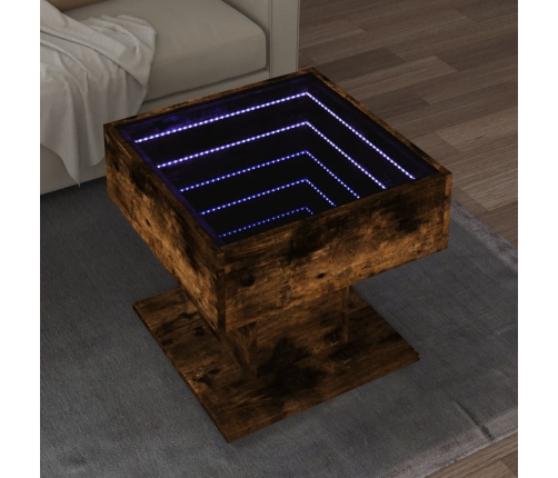 Mesa de centro y LED madera ingeniería roble ahumado 50x50x45cm