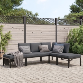 Set de sofás de jardín con cojines 4 piezas aluminio negro