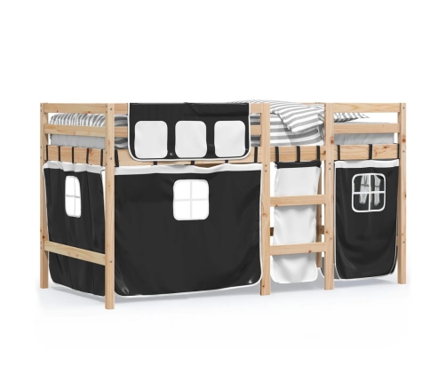 Cama alta niños con cortinas madera pino blanco negro 80x200 cm