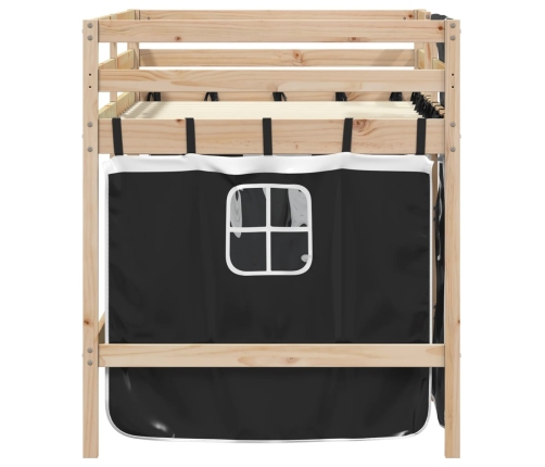 Cama alta niños con cortinas madera pino blanco negro 80x200 cm