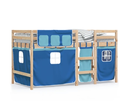 Cama alta para niños con cortinas madera pino azul 80x200 cm