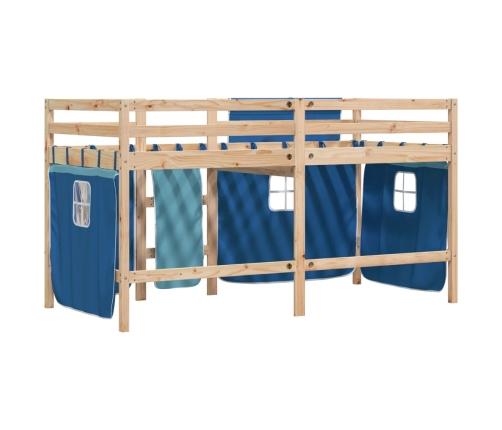 Cama alta para niños con cortinas madera pino azul 80x200 cm