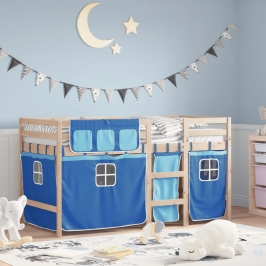 Cama alta para niños con cortinas madera pino azul 80x200 cm