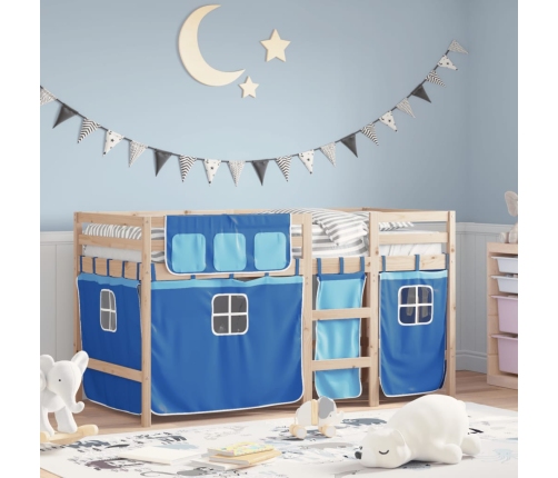 Cama alta para niños con cortinas madera pino azul 80x200 cm