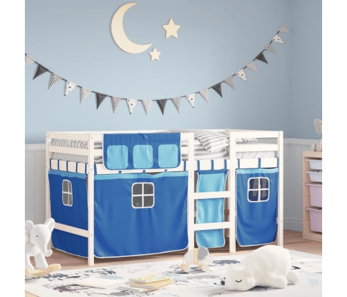 Cama alta para niños con cortinas madera pino azul 80x200 cm