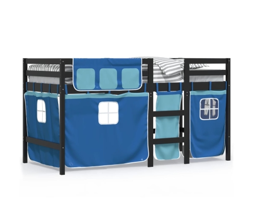 Cama alta para niños con cortinas madera pino azul 80x200 cm