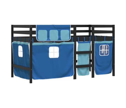 Cama alta para niños con cortinas madera pino azul 80x200 cm