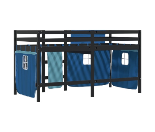 Cama alta para niños con cortinas madera pino azul 80x200 cm