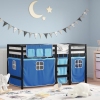 Cama alta para niños con cortinas madera pino azul 80x200 cm