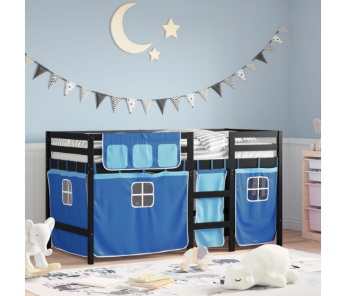 Cama alta para niños con cortinas madera pino azul 80x200 cm