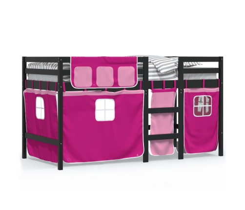 Cama alta para niños con cortinas madera pino rosa 80x200 cm