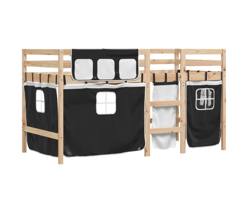 Cama alta niños con cortinas madera pino blanco negro 90x200 cm