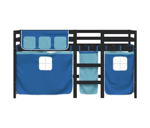 Cama alta para niños con cortinas madera pino azul 90x200 cm