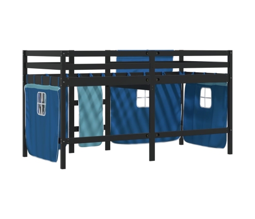 Cama alta para niños con cortinas madera pino azul 90x200 cm