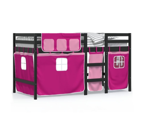 Cama alta para niños con cortinas madera pino rosa 90x200 cm