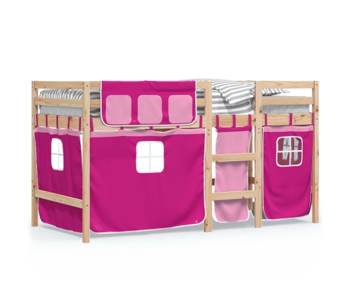 Cama alta para niños con cortinas madera pino rosa 90x190 cm
