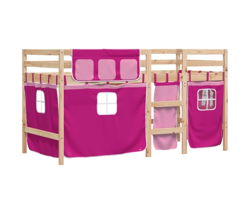 Cama alta para niños con cortinas madera pino rosa 90x190 cm