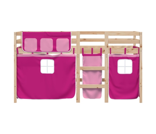 Cama alta para niños con cortinas madera pino rosa 90x190 cm