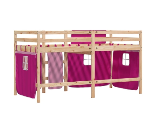Cama alta para niños con cortinas madera pino rosa 90x190 cm
