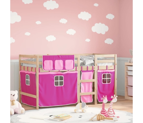 Cama alta para niños con cortinas madera pino rosa 90x190 cm