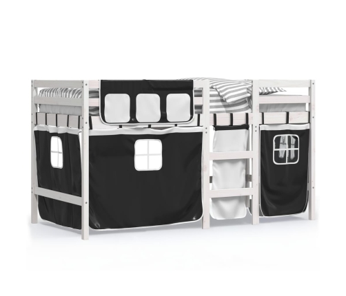 vidaXL Cama alta niños con cortinas madera pino blanco negro 90x190 cm