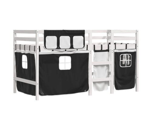 vidaXL Cama alta niños con cortinas madera pino blanco negro 90x190 cm