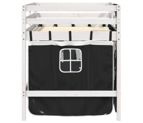 vidaXL Cama alta niños con cortinas madera pino blanco negro 90x190 cm