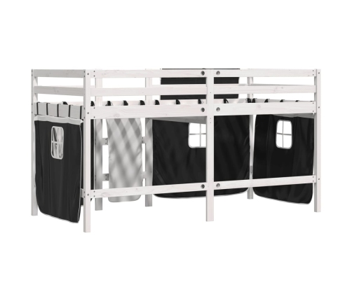 vidaXL Cama alta niños con cortinas madera pino blanco negro 90x190 cm