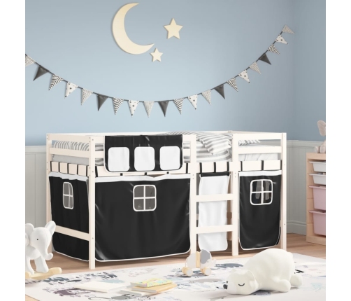 vidaXL Cama alta niños con cortinas madera pino blanco negro 90x190 cm