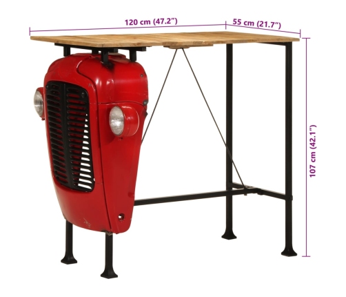 Mesa bar tractor madera maciza mango rojo y marrón 55x120x107cm