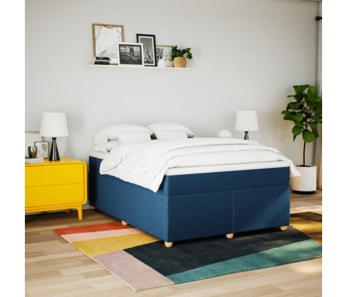 Cama box spring con colchón tela azul 140x190 cm