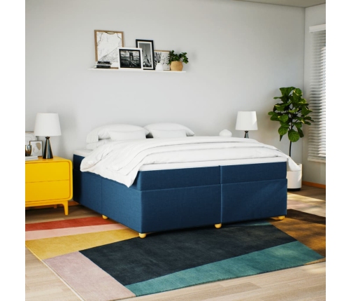 Cama box spring con colchón tela azul 200x200 cm