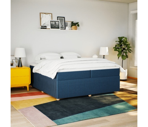 Cama box spring con colchón tela azul 200x200 cm