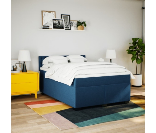 Cama box spring con colchón tela azul 160x200 cm
