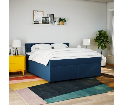 Cama box spring con colchón tela azul 180x200 cm