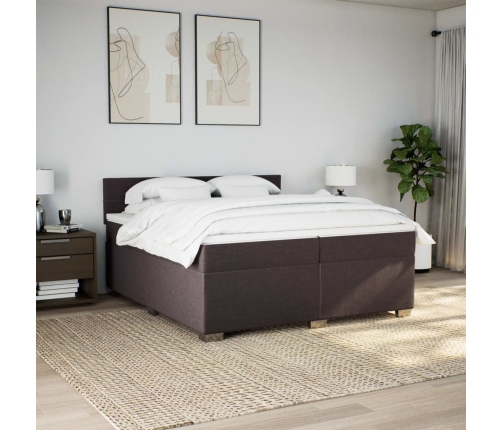 Cama box spring con colchón tela marrón oscuro 200x200 cm