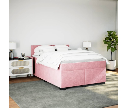 Cama box spring con colchón terciopelo rosa oscuro 140x200 cm