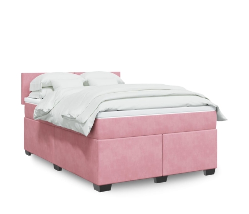 Cama box spring con colchón terciopelo rosa oscuro 140x200 cm