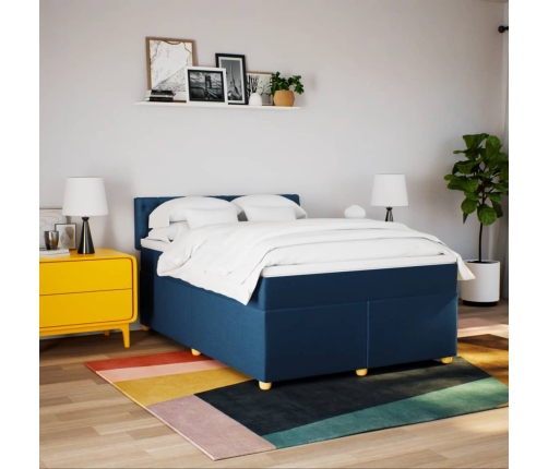 Cama box spring con colchón tela azul 140x190 cm