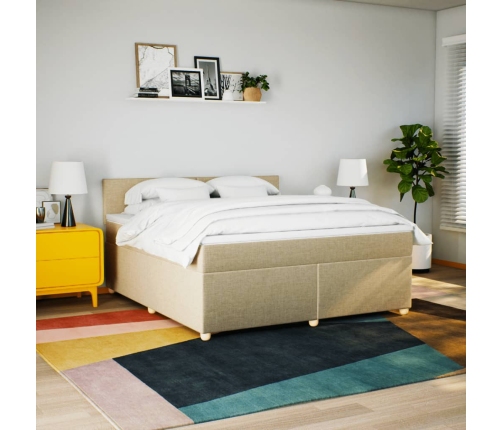 Cama box spring con colchón tela color crema 180x200 cm