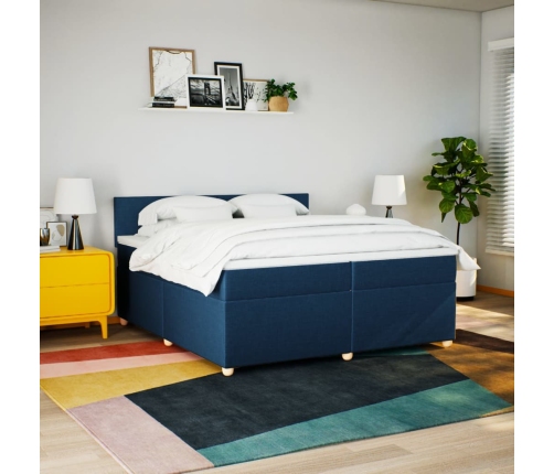 Cama box spring con colchón tela azul 200x200 cm