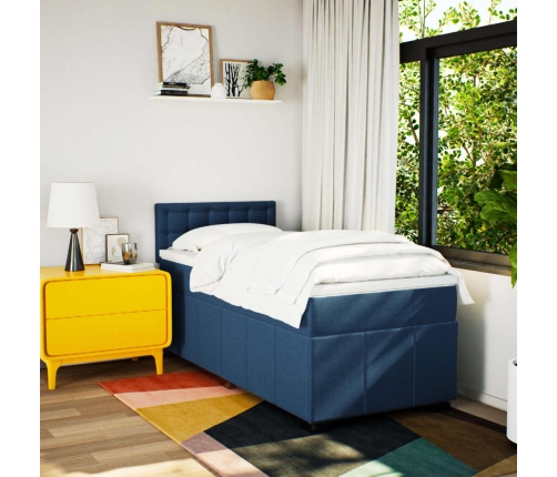 Cama box spring con colchón tela azul 90x200 cm