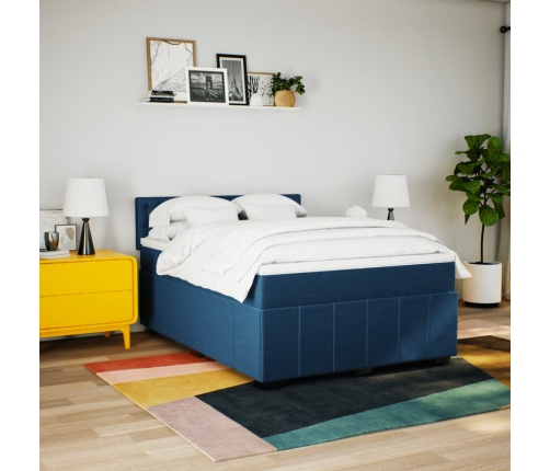 Cama box spring con colchón tela azul 160x200 cm