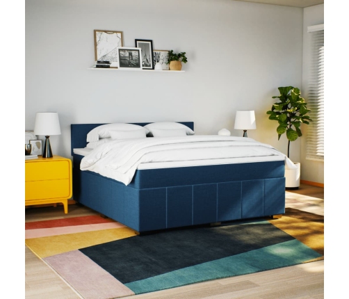 Cama box spring con colchón tela azul 180x200 cm