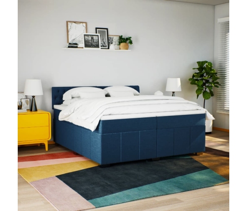 Cama box spring con colchón tela azul 200x200 cm