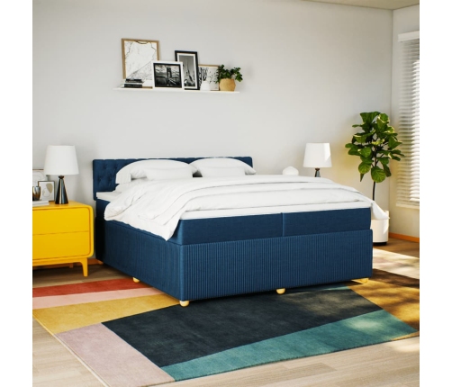 Cama box spring con colchón tela azul 200x200 cm