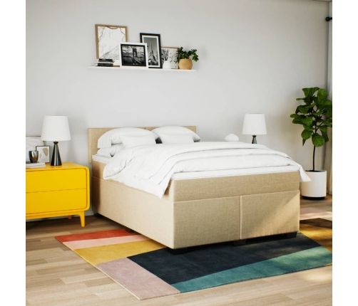 Cama box spring con colchón tela color crema 140x190 cm