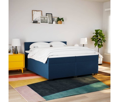 Cama box spring con colchón tela azul 200x200 cm