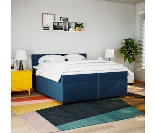 Cama box spring con colchón tela azul 200x200 cm